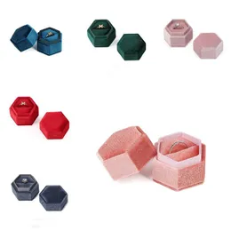 Hexagon Velvet Ring Box med löstagbart lock Små smycken Fodral örhänge Holder Lagringslådor Förslag till engagemang bröllopspresentförpackning