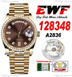 EWF Day Date 128348 A2836 Orologio automatico unisex Uomo Donna YG Diamanti Lunetta Quadrante marrone con diamanti Bracciale presidenziale Stessa scheda seriale Super Edition Puretime B2