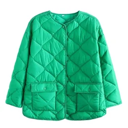 Womens Down Parkas Jacket Bomber Coat Green Outwear Casual Loose Outerwear Solid Long Sleeve Elegant Streetwear Vintage TRF 220830