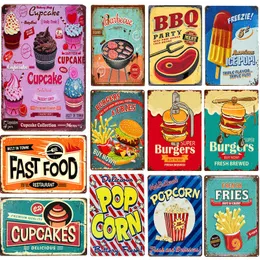 Metal Painting Shabby Chic Vintage Metal Tin Signs BBQ Fast Food Hamburger Cupcake Pop Corn Hot Dog Wall Decor for Kitchen Cafe Diner Bar T220829