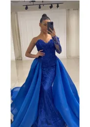 Royal Blue Mermaid Prom Dresses with skirt sweetheart Long Off the Shoulder organza Sexy Formal Evening Gowns Vestidos De Gala one long sleeve