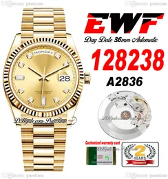 EWF Day Date 118238 A2836 Automatik-Unisex-Uhr für Herren und Damen, 36 mm Gelbgold, Champagner-Diamant-Zifferblatt, Präsidentenarmband, gleiche Seriennummer, Super Edition Puretime YG7