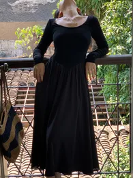 Vestidos casuais outono preto o-gola maxi vestidos longos para mulheres vintage algodão sólido retalhos