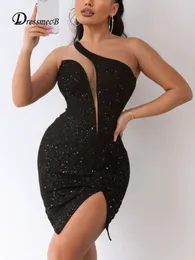 Casual Dresses Dressmecb Glitter svart split sexig festklänning kvinnor kläder en axel rygglös ruched bodycon vestidos smala miniklänningar 220829