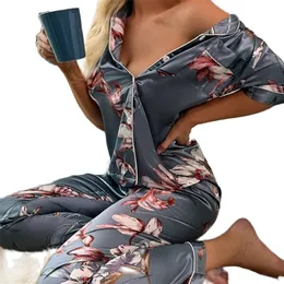 ملابس النوم النسائية Pajama Femme 2 قطعة قصيرة الأكمام Pajamas الصيف ساتان ساتان الحرير بدلة Pajamas مجموعة PJS Mujer Pijama 220830