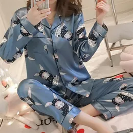 Kvinnors sömnkläder Satin Silk Pyjamas Set för pyjamasdräkt Utskrift Långärmad avslappnad nattkläder Mjuka hemkläder PJs plus storlek 220830