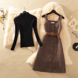 Dwuczęściowa sukienka Kobiety jesień zimowy sweter wełniany długość klęki ES z paskiem eleganckie imprezy vestidos 220830