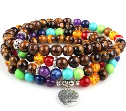 Modestränge Naturstein gelbes Tiger Auge gefrostet graublau rosa Lotus Leben Baum Buddha Om Eye Chakra Reiki Achate Onyx Yoga S45y Halskette