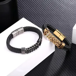 Charm Armband Mkendn Wide Curb Cuban Link Chain Leather Armband för män Kvinnliga smycken Anti allergi rostfritt stål armbandsgåvor