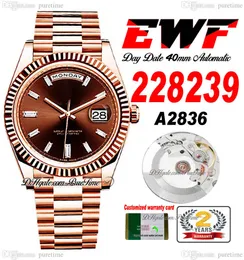 EWF Day Date 228235 A2836 Automatic Mens Watch 40 Rose Gold Fluted Brown Baguette Diamond Dial Presidential Bracelet Same Serial Card Super Edition Puretime H8