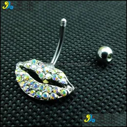 Navelklockknapp ringer DIY Högkvalitativ mode Sier Surgical Steel Colorf Rhinestone Lip Shape Belly Button Ring for Women Body Pi Dhdni