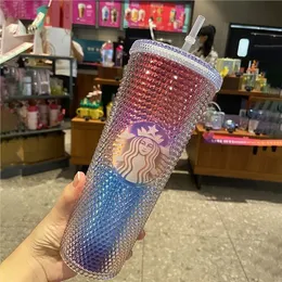 New Starbucks Mugs 24oz 710ML Starbucks Double Barbie pink Durian Laser Straw Cup Tumblers Mermaid Plastic Cold Water Coffee Cups Gift