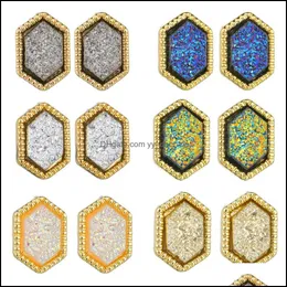 مسمار نساء سداسي Druzy Drusy Stud أقراط Golden مطلي بالذهب Mini Gold Purple Resin