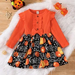 Special Occasions Kids Girls Halloween Outfit Sets Ribbed Long Sleeve Pumpkin Print Dress Headband Princess Children Clothing 47 Years 220830