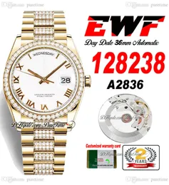 تاريخ يوم EWF 128238 A2836 Automatic للجنسين ساعة Mens Ladies Yg White Roman Dial Diamonds Case و Presidial Pracelet نفس البطاقة التسلسلية Super Edition PHETIME A1