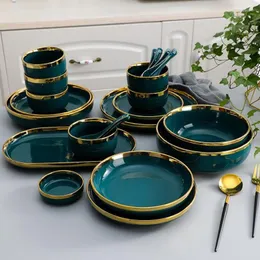 Placas Gilt Rim Green Ceramic Plate Steak Tableware Bowl Ins Dinner Dinner Porcelain Dinnerware de porcelana Conjunto para a família El