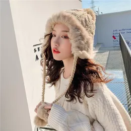 Berets 2022 Women's Bomber Cute Hat Knit Plush Faux Fur Hats Winter Windproof Warth Ear Protect Russian Caps