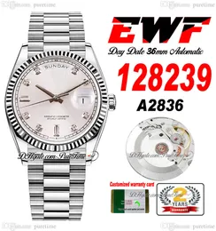 EWF Day Date 128239 A2836 Relógio unissex automático masculino feminino 36 moldura canelada mostrador de diamantes prateados pulseira presidencial mesmo cartão serial Super Edition Puretime SS-B2