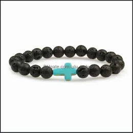 Beaded Strands New Strands Essential Oil per diffusor 8mm Black Lava Cross Stone Beads Armband Stretch Yoga Jewelry 843 Q2 Lulubaby DHFPE