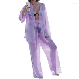 Conjunto de 2 pantalones de dos piezas para mujer, ropa de playa de tul para mujer, trajes holgados informales, cárdigan de manga larga transparente de Color sólido
