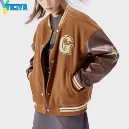 レディースジャケットイチヤ女性ジャケット2022年春PUレザースリーブコートパッチワークボンバージャケット女性刺繍高品質の女性ジャケットT220830