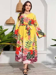 Vestidos de tamanho grande verão para mulheres 2022 Impressão floral de manga longa 4xl 5xl maxi vestido alta na cintura elástica Roupas elásticas