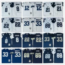 Vintage fotboll #8 Troy Aikman Cowboy 12 Roger Staubach 21 Deion Sanders 22 Emmitt Smith 33 Tony Dorsett 88 Michael Irvin Stitched Jerseys