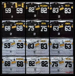 Jersey Vintage Mens 59 Jack Ham 63 Dermontti Dawson Jerseys de futebol 68 Greenwood 75 Joe Greene 82 John Stallworth Heath Miller Jersey Bordado