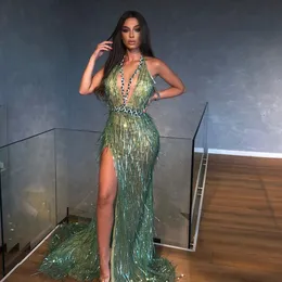 Sexy Elegant Mermaid Prom Deep V Neck Halter Party Dresses Tassel Shiny Custom Made Evening Dress