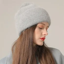 قبعة قبعة/قبعات جمجمة سوليتير حلقة بينيسيكول أغطية Xthree Winter Hat للنساء Angola Beanie Rebbit Fur Skullies دافئ غطاء محرك السيارة الإناث S Girl 220829