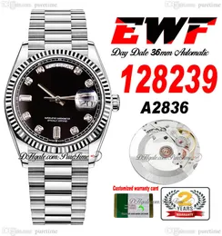 EWF Day Date 128239 A2836 Automatic Unisex Watch Mens Ladies 36 Fluted Bezel Black Diamonds Dial Presidential Bracelet Same Serial Card Super Edition Puretime SS-A1