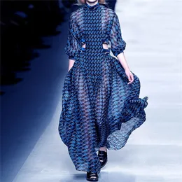 Повседневные платья голубые полосы Женские модные взлетно -посадочная полоса с длинными рукавами высокая шея полость на талию.