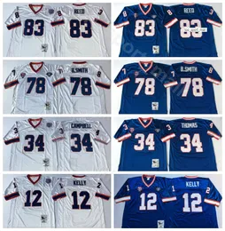 NCAA 축구 12 Jim Kelly 34 Thurman Thomas 78 Bruce Smith Jersey 83 Ander Reed Team Blue White Man Vintage Stitched