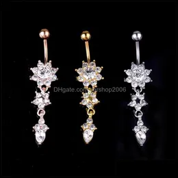 Navel Bell Button Rings New Indian Dangle Belly Bars Button Anelli d'oro Piercing Crystal Flower Body Jewelry Navel Gd333 196 W2 Drop Dhj3N