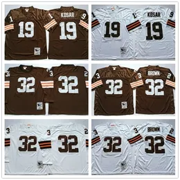 Vintage Cleveland Mens Brown # 32 Jim Brown Jersey 19 Bernie Kosar Atacado Manga Longa Branco Marrom 100% Costurado Camisas de Futebol Camisas