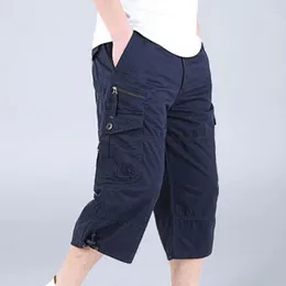 Мужские брюки мужские грузовые шорты длинные капри упругое талию повседневные мульти -карманы Прямой военный камуфляж