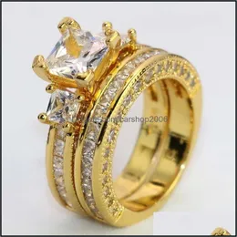 Band Rings Couple Rings - Mens Double Row Zircon Stainless Steel Womens 18K Yellow Gold Filled White Sapphire Diamond Ring 633 Q2 Dro Dhvsw