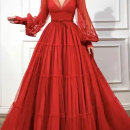 Vestidos de festa vestido formal mu￧ulmano vermelho Aline mangas compridas sexy vneck tule isla 220823