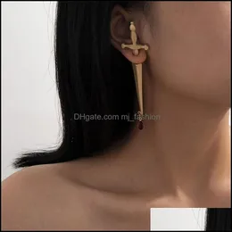 Stud S2408 Europe Fashion Jewelry Single Piece Long Sword Stud Earring Cool Hip-Hop Red Drop Cross Earrings 143C3 Delivery 2 Mjfashion Dhtgu