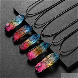 Pendant Necklaces Tree Of Life Titanium Coated Rainbow Rock Quartz Chakra Crystal Necklace Copper Wire Wrapped Irregar Rough Healing Dhnvk