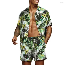 남자 트랙 슈트 남자 하와이 세트 패션 남성 여름 캐주얼 플로럴 인쇄 짧은 소매 셔츠 해변 반바지 세트 2 조각 정장 2022