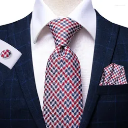 Laço Laço Hi-Tie Red Men's Tie Houndstooth Xadrez Sólido Luxo Seda Gravata Vestido Formal Marinha Casamento Negócios Para Presentes Masculinos