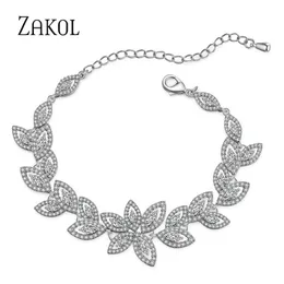 Bangle Zakol Bridal Jewelry Moda AAA Cúbica Zircônia Bracelete de Folhas de Flores para Mulheres Penaria de Aniversário de Jantar de Casamento BP2134 220831