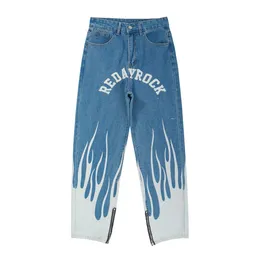 High street jeans m￤n zip lappt￤cke byxor eld tryckt hip hop mens jean rak moto cyklist denim byxor