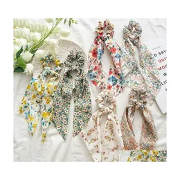 Hårgummiband Chiffon Floral Print Hair Ties Scrunchies Elastic Band Ponytail Holder Scarf Sweet Knoted Bow Colorf Long Ribbon DHZ41