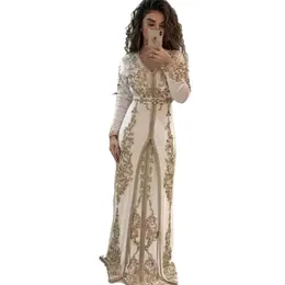 2023 Elegant Ivory Moroccan Kaftan Muslim Evening Dresses Long Sleeve Appliques Golden Lace Islamic Saudi Arabia Dubai Formal Part297H