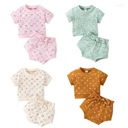 Kleidungssets für 0–3 Jahre Baby-Mädchen-Kleidung, 2-teilig, Sommer-Outfits, kurzärmlig, Blumendruck, gerippt, T-Shirt, Schleife, Dekor, Shorts, Freizeit-Set