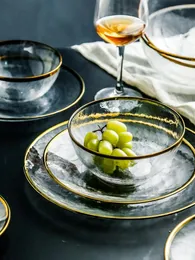 Tallrikar Fashion Gold Rim Glass Dinner Plate Transparent dessert Bowl Western Dish Creative Salad Tray Fruit Dinnerware Set