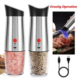 Mills USB Laddning Salt och pepparkvarn Set Gravity Spice Seasing Mill Shaker Justerbar grovhet Rostfritt stål 221130