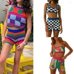 Femininos de tracksuits y2k malha shorts Conjunto de moda feminina impressão de tripulação sem mangas